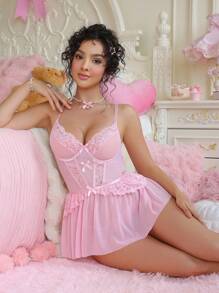 PetitDoll Set romántico y retro de 2 piezas con encaje y contraste de malla transparente en la espalda