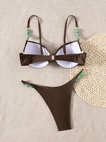 Swim Chiccia Women's Summer Solid Brown Shiny Nylon Fabric Sexy Underwire Fashionable Turquoise Accessory Linked Bikini Set