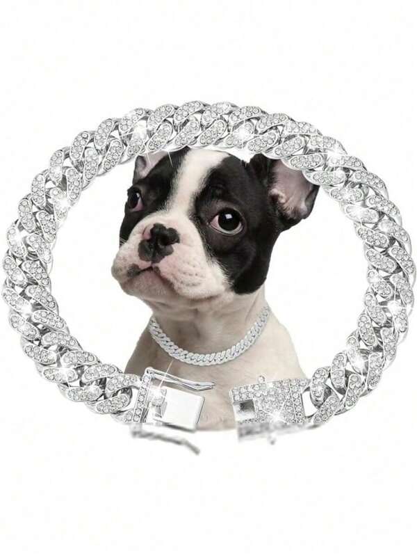 SHEIN 1 funkelnde Haustier-Halskette, cooles Hundehalband, Welpen-Kette, Kubakette mit künstlichen Diamanten eingelegt, Haustier Dekorationskette Accessoires