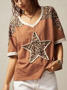 Bohemela Plus Size Women Leopard Print Patchwork Contrast Trim V-Neck Loose T-Shirt, Casual Street Fashion, Summer,Vintage,Vintage