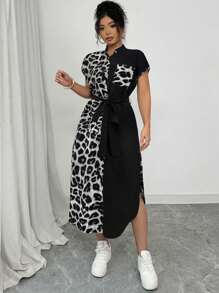 Elenzga Gaun Wanita Ukuran Besar Elegan Motif Leopard dengan Kerah Kemeja, Lengan Raglan, Pita Ikat Sendiri, dan Kancing Kayu, Desain Kasual Serbaguna untuk Klub Musim Semi/Panas - MultiWarna - View 3