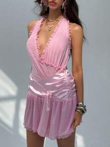 Aloruh Women's Light Pink Summer 70's Party Mini Dress, & Cute Deep V-Neck Ruffled Hem Solid Color Elegant Y2k Clothes For Spring/Summer - Baby Pink - View 9