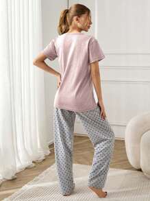 EURMUSE 100%纯棉爱心与标语图案短袖T恤和裤子休闲套装 - 淺粉色 - 查看 2