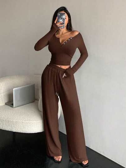 2pcs Women Casual Half Button Fitted T-Shirt & Drawstring Waist Loose Straight Pants Set, Spring & Autumn Two Pieces Lounge Set Women Tracksuits Women Set