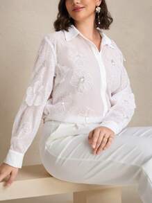 Chikora 大码女式3D立体印花雪纺褶皱优雅职业通勤衬衫 女式夏季服装 女装 女装夏季套装 女式衬衫 优雅，骄傲女性，教师女性，机场女性，度假女性，夏季连衣裙女性，7月4日女性，商务休闲女性，夏季女装，外出上衣女性，纽扣衬衫女性，夏季上衣，外出上衣女性，办公室女性，夏季上衣女性，可爱夏季上衣 - 白色 - 查看 6