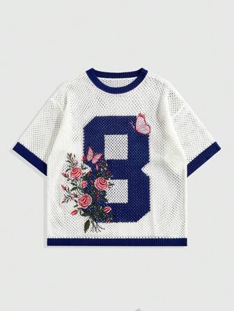 Street Life Chemise en maille ample avec broderie florale pour hommes, Top à manches courtes en maille