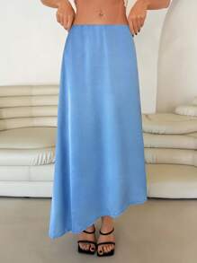 Roylia French Style Solid Color Low Waist Draped Satin Asymmetrical Hem Women Skirt Fall Cloth For Women - Blue - View 3