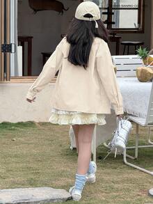 HELLO KITTY | DAZY 女童卡通字母条纹印花落肩长袖休闲衬衫 - 杏色 - 查看 4