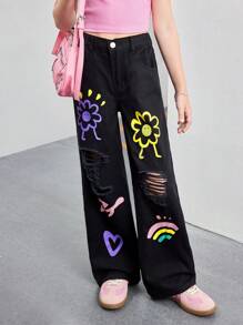 Tween Girls Casual Fashion Colorful Flower & Heart Print Mid Waist Loose Straight Leg Ripped Distressed Jeans, Stylish & Cool Street Style