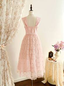 Vintamour 优雅复古女式修身提花花卉连衣裙，带荷叶边下摆，仿珍珠链装饰，粉色婚礼宾客礼服女士夏季连衣裙