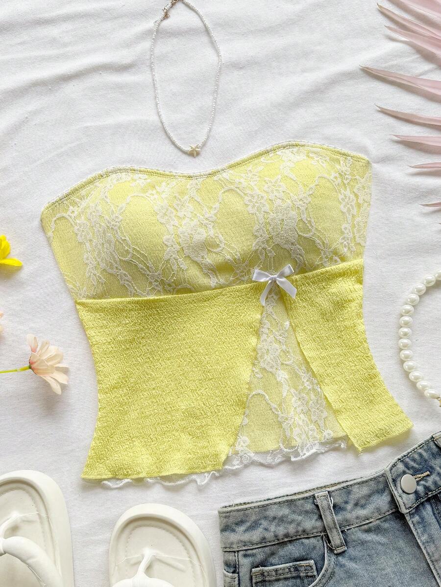 Soleia Áo Bandeau ren chắp vá cho kỳ nghỉ của phụ nữ - Màu vàng - Xem 1