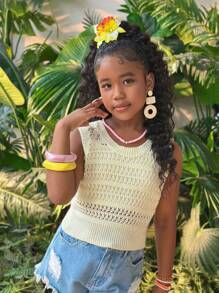 SHEIN Tween Girls' Solid Color Hollow-Out Crew Neck Casual Versatile Tank Top - White - View 1