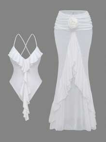 Swim Oasis Conjunto de traje de baño de 2 piezas para mujer con parte superior de tirantes finos con espalda cruzada, busto fruncido, falda transparente con volante en el dobladillo y detalles florales