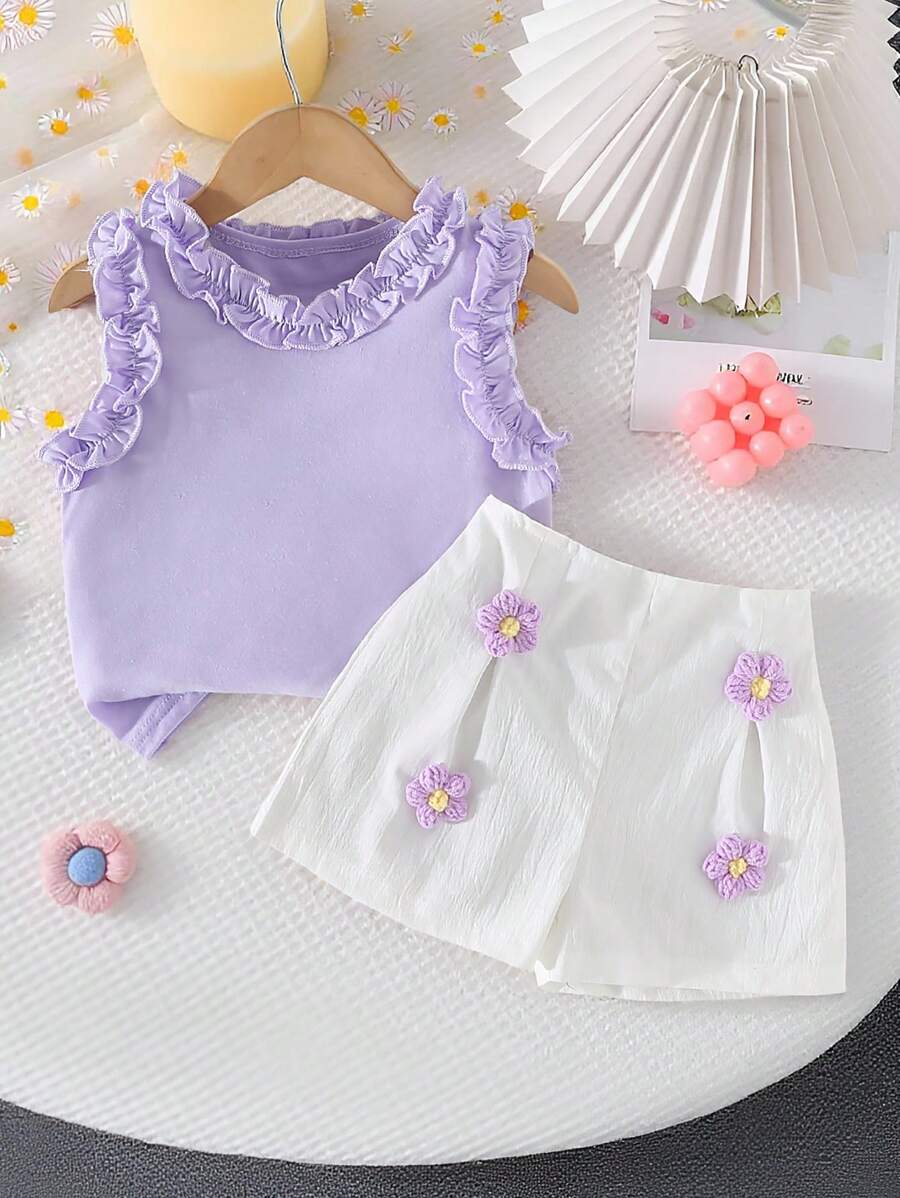 Genkimix Kids 2pcs/Set Toddler Girls' Cute & Elegant Purple Ruffled Trim Knit Camisole Top With Woven Shorts, Casual Spring/Summer Outfit For Party, Wedding, Vacation Girl Summer Clothes Set Sets For Girls Clothes Summer Outfits For Girls Clothes Set Girls Summer Clothes Sets - Purple - View 1
