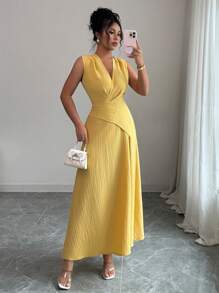 Elenzga Elenzga Women's Solid Color Elegant Asymmetric One-Piece Self-Tie Ruched Deep V Faux Denim Maxi Dress,Asymmetrical,Pleated,Fit,Knot,Deep V-Neck, V-Neck,Sleeveless,Wrap Dresses,Yellow,Texture Fabric,Stretch Fabric,Elegant Lady,Elegant,Going Out,Summer,Long Dresses