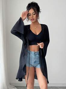 Elenzga Elenzga Women's Summer V-Neck Waistline Embroidered Lace Trim Design Shirt, Front Tie Detail, Flare Cuffs & Hem, Hollow Waist Pleated Sheer Elegant Mid-Length Blouse, Suitable For Everyday & Casual Wear