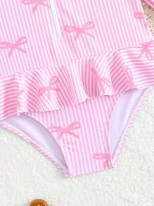 Sparklyn 女宝宝粉色蝴蝶结印花荷叶边长袖连体泳衣，具有 UPF 防护功能