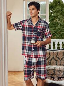 Men's Casual Basic Plaid Lounge Wear Set, For Christmas - Multicolor - View 7