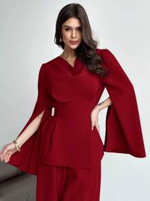 Firerie 2 件女士秋冬系带长袖衬衫上衣和美人鱼下摆半身裙套装、开叉袖衬衫套装、铅笔裙套装、优雅/通勤/日常/商务/度假/职业装