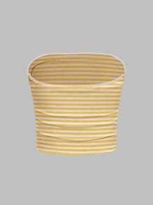 INAWLY Ruffles Decor Women's Cropped Casual Striped Tube Top - Yellow - View 2