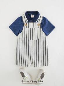 Cozy Pixies 2 Stücke Baby Jungen geripptes weiches Kragen Kurzarm Top mit halber Knopfleiste und gestreifter Latzhose-Shorts Set