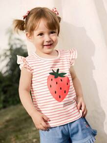 Cozy Pixies Baby Girl Strawberry Pattern Knit Soft Ruffled Hem Crew Neck Pullover Top - Multicolor - View 3