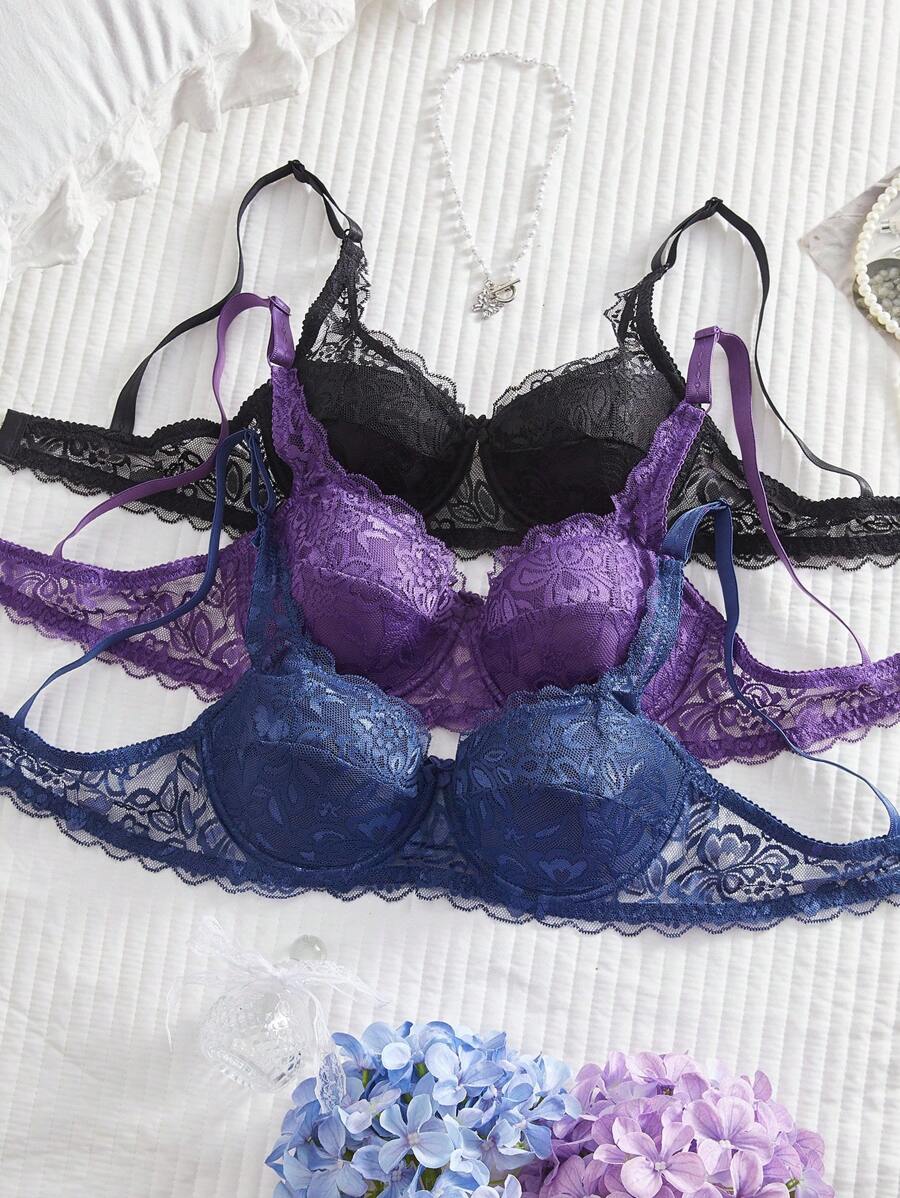 DesireSculpt 3 件套女士优雅蕾丝无钢圈文胸，性感法式浪漫内衣 - 彩色 - 查看 1