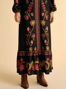 CAJUNI 女式波西米亚复古热带花卉印花泡泡长袖 V 领超长连衣裙，黑色 - 彩色 - 查看 6