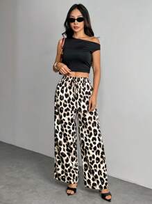 SHEIN PETITE 女式豹纹休闲宽松长裤 女式夏季、秋季女装