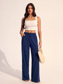 SHEIN Tall 女士纯色简约休闲裤 - 藏蓝色 - 查看 6