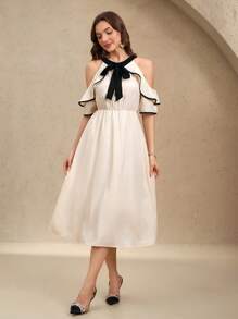 EMERY ROSE Women's Elegant Color Block Off Shoulder Tie-Waist Ruffle Hem A-Line Dress, Spring/Summer - Multicolor - View 3