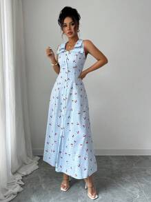 Selianne 无袖条纹波西米亚风度假连衣裙，独特领口，系带腰部，A 字廓形，樱桃纽扣，适合夏季音乐节 - 藍色 - 查看 6