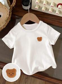 Baby Boy Casual Cute Bear Embroidered Patch Cartoon Short Sleeve Crew Neck Top, Suitable For Summer - White - View 1
