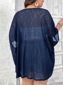 SHEIN CURVE+ 大码度假纯色罗纹针织和服上衣夏季/乡村/海滩度假装/沙滩装/沙滩装