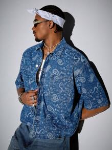 ROMWE MEN Street Life Men's Summer Vacation Paisley Print Patchwork Pocket Short Sleeve Denim Shirt - Brown - View 10