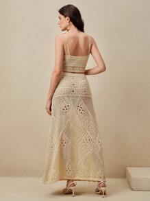 Anewsta 2件套女士优雅高端镂空花朵钩针短款吊带上衣和裙子套装 - 杏色 - 查看 2