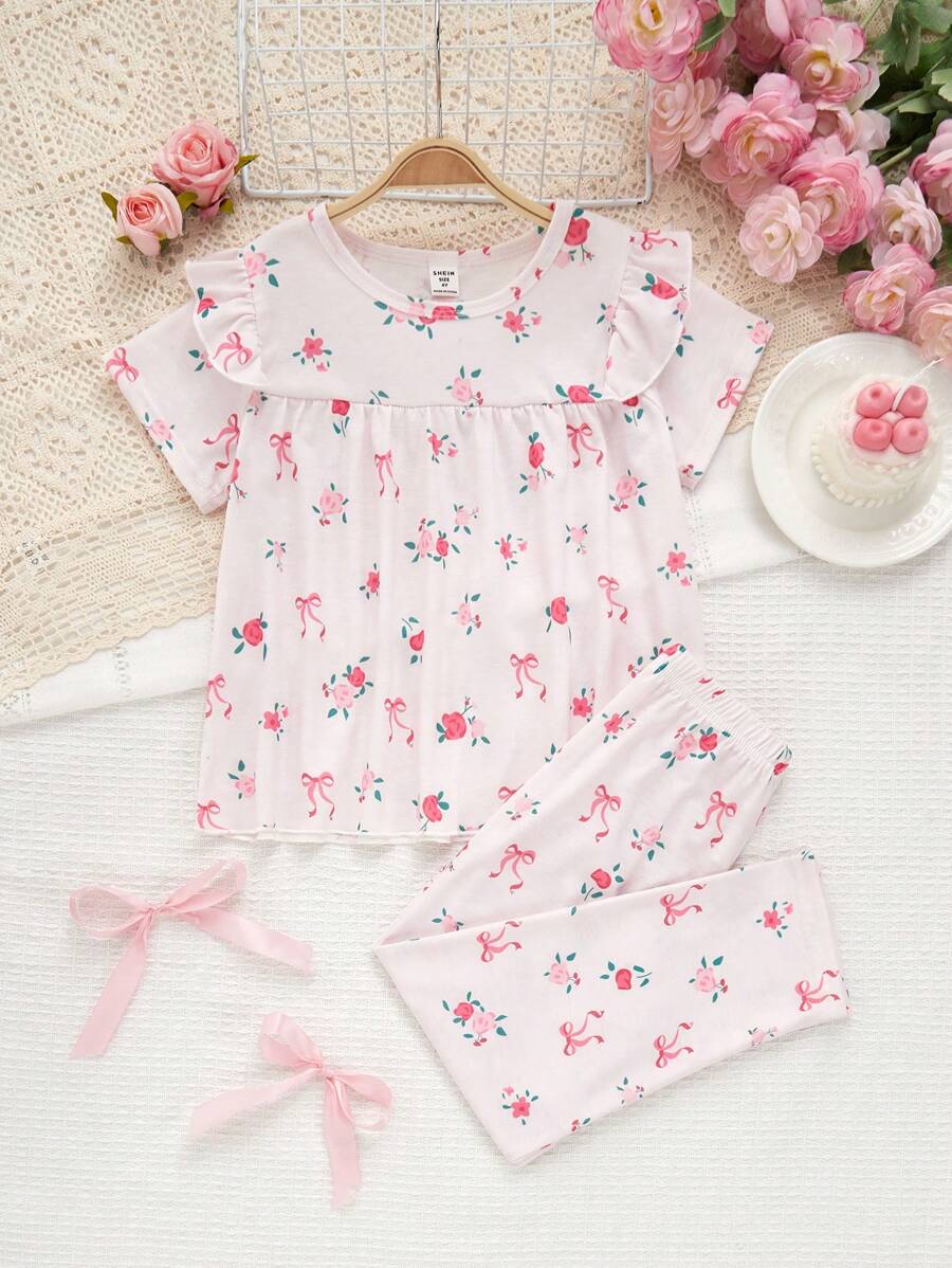 SHEIN Girls Pink Flower Printed Ruffle Trim Pajama Set