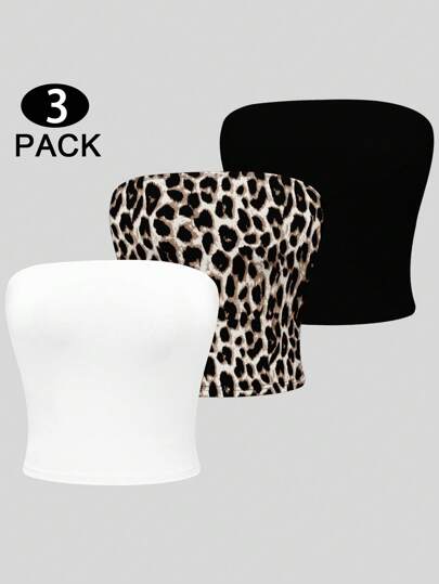 INAWLY Y2K 3-pack Leopardtryck Svart Vit Enfärgad Tubtopp