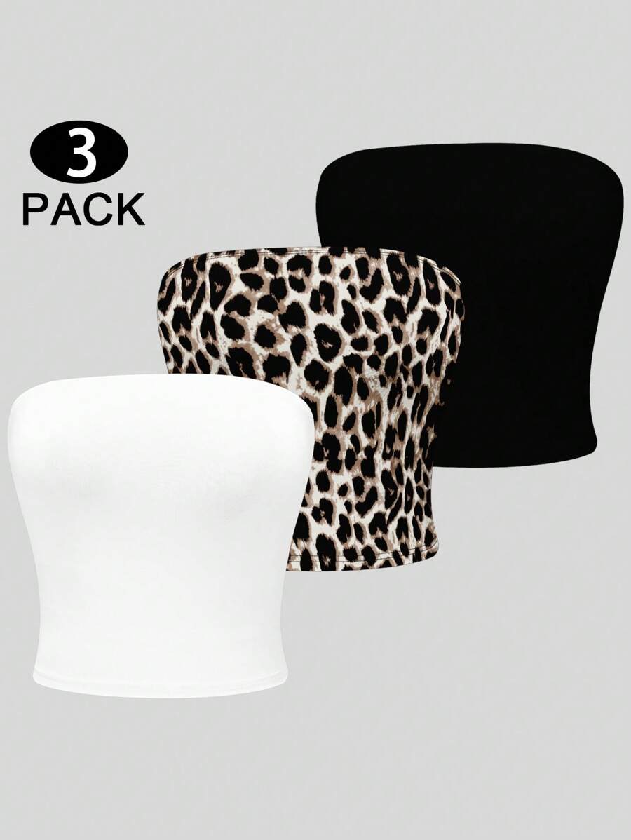 INAWLY Y2K 3pcs/Set Leopard Graphic Black White Solid Color Tube Top