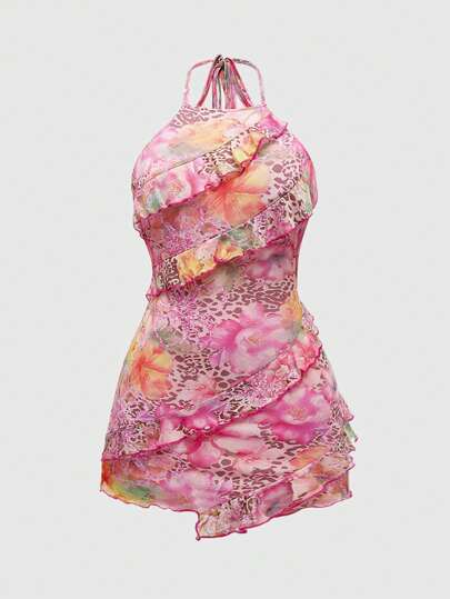 ROMWE Avant Y2K Vintage Beach Resort Sexy Leopard & Floral Print Women Dress