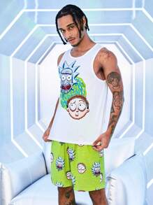 Rick and Morty X SHEIN 2 pezzi/set pigiama estivo da uomo con maglietta bianca e pantaloncini con stampa a pixel cartoonistica - Bianco - Visualizzare 3