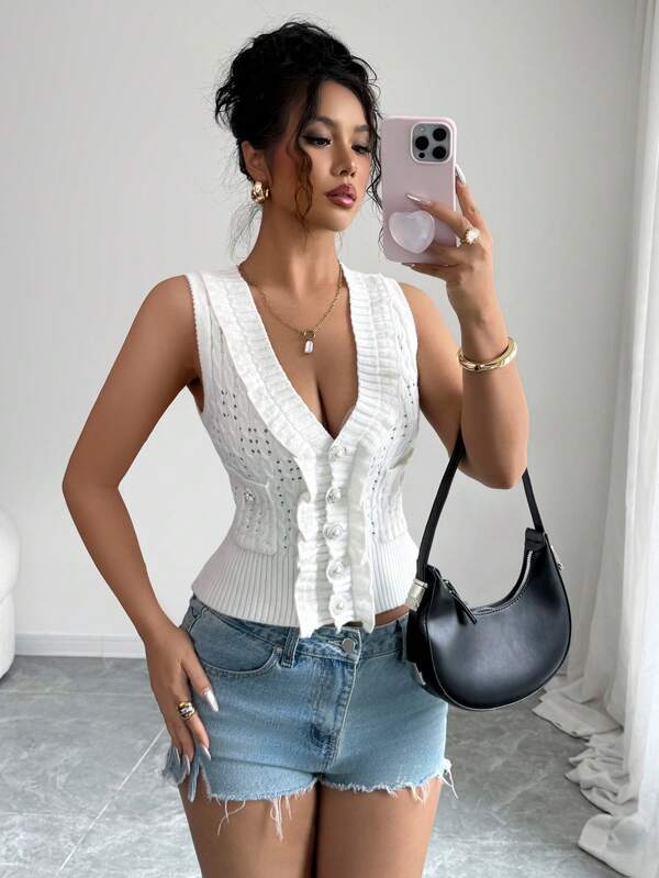Elenzga Cardigan casual cu un singur nasture, cu volane, de culoare solidă, pentru femei