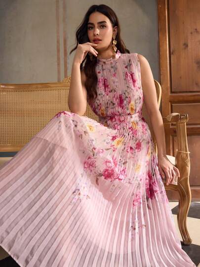 ZEYLAH Printed Neckline Tie Long Dress, Sleeveless, With Vacation Vibe, Spring/Summer