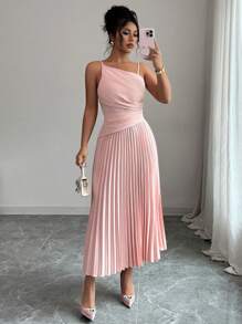 Elenzga Vestido de tirantes elegante, casual/de trabajo/de vacaciones, con plisado en la cintura, de color liso