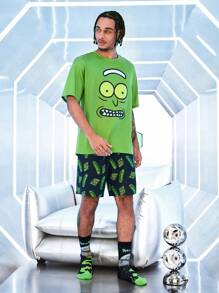 Rick and Morty X SHEIN Conjunto de pijama de camiseta de manga corta de corte holgado con estampado gráfico de dibujos animados divertidos y pantalones cortos para hombre para el verano