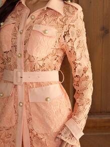 ZEYLAH 2pcs Set: Lace Utility Pocket Long Sleeve Shacket & Lace Wide Leg Pants - Pink - View 2