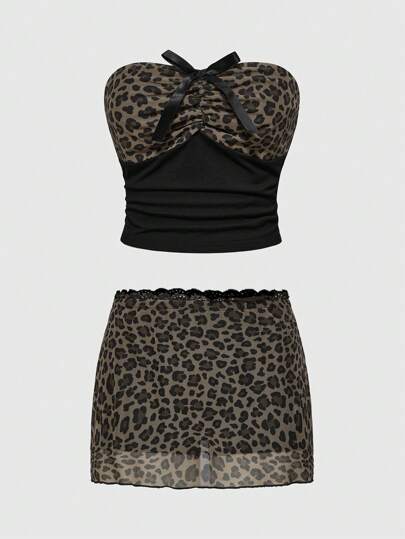 Shibuya Gyaru Y2K Mesh Leopard Print Vintage Sexy Cropped Top And Bodycon Skirt 2 Pieces Set