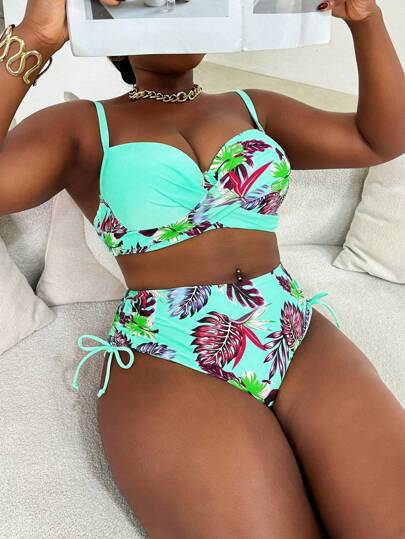 Slaydiva 2pcs/Set Plus Size Women's Random Print Wire Cup Spaghetti Strap Split Swimsuit, Casual Resort Wear,Underwire Bikini For Summer Beach Vacation