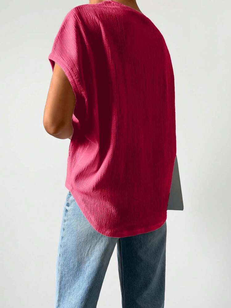 EURMUSE Women's Solid Color Short Sleeve Round Neck Blouse, Fashionable For Summer - Hot Pink - View 2