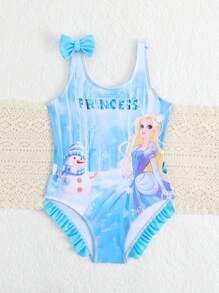 1pc Girl Cartoon Print Cute Bow Decor One-Piece Swimsuit Princess Swimsuit Girls Character Swimsuit Frozen Swimsuit Girls Princess Swimsuit Summer Holiday - Multicolor - View 5